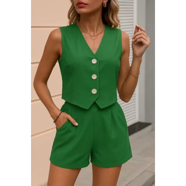 Kadın Kolsuz Askılı V Yakalı önden Düğmeli Ithal Keten Ceket Ve Short Ikili Takım