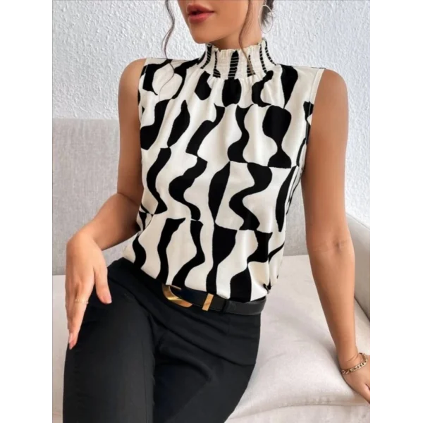 Kadın Kolsuz Balıkçı Yaka Desenli Süprem Bluz