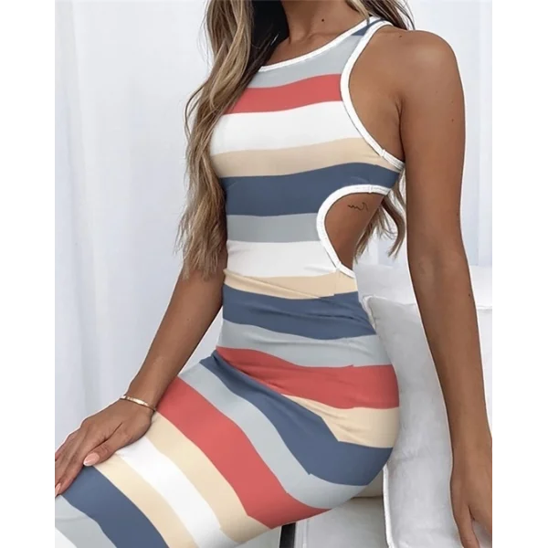 Kadın Kolsuz Bel Dekolte Detay şerit Desenli Pegasus Kumaş Elbise