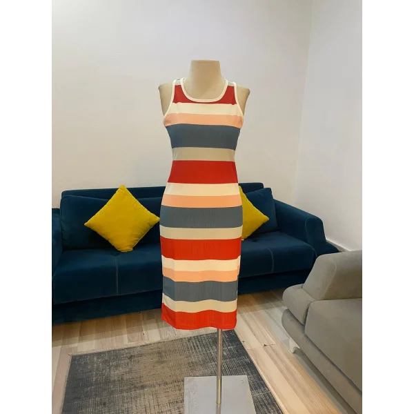 Kadın Kolsuz Bel Dekolte Detay şerit Desenli Pegasus Kumaş Elbise