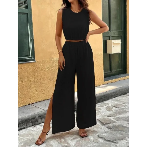 Kadın Kolsuz Beli Lastikli Atlet Ve Yırtmaç Detay Pantolon Ikili Takım