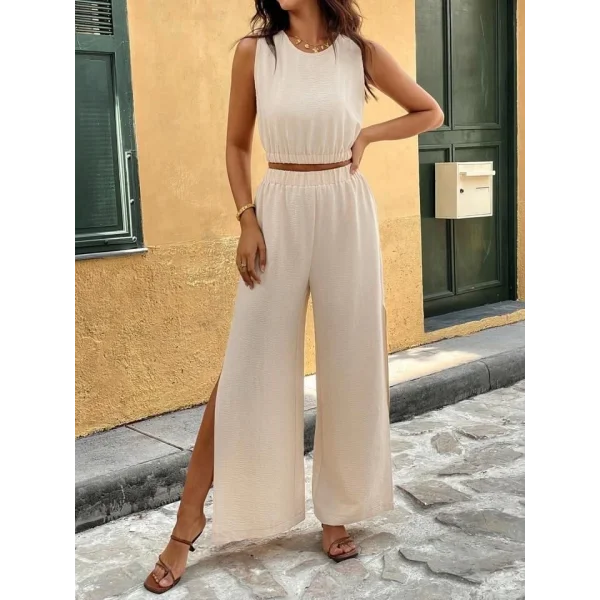 Kadın Kolsuz Beli Lastikli Atlet Ve Yırtmaç Detay Pantolon Ikili Takım