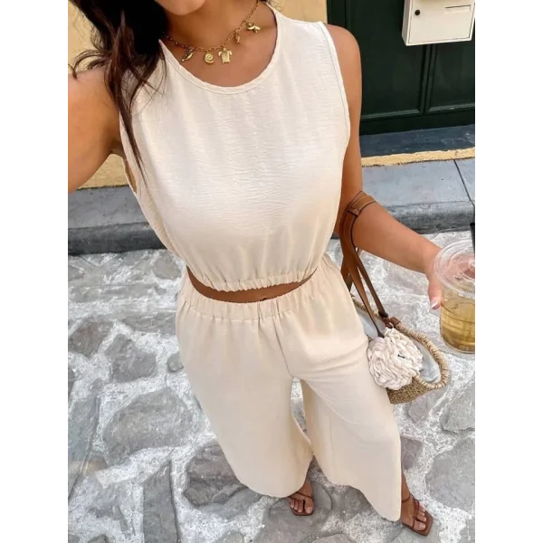 Kadın Kolsuz Beli Lastikli Atlet Ve Yırtmaç Detay Pantolon Ikili Takım