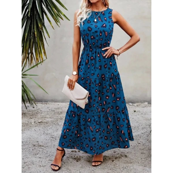 Kadın Kolsuz Bisiklet Yaka Beli Lastikli Desenli Süprem Elbise