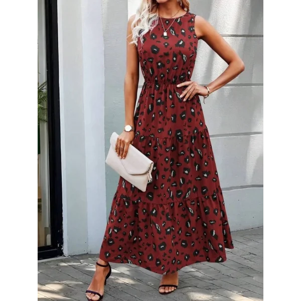 Kadın Kolsuz Bisiklet Yaka Beli Lastikli Desenli Süprem Elbise