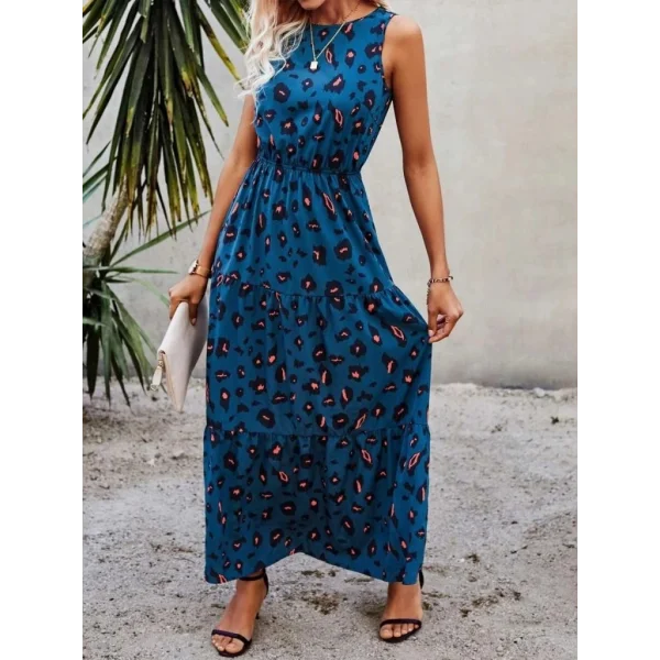 Kadın Kolsuz Bisiklet Yaka Beli Lastikli Desenli Süprem Elbise