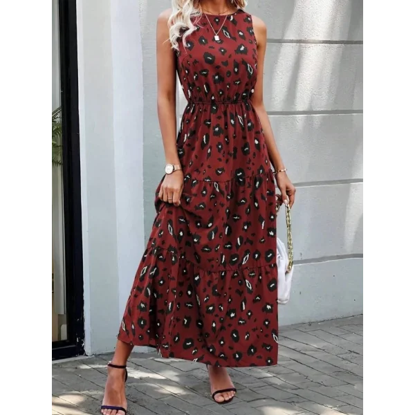 Kadın Kolsuz Bisiklet Yaka Beli Lastikli Desenli Süprem Elbise