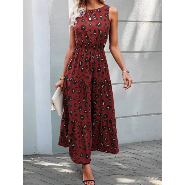 Kadın Kolsuz Bisiklet Yaka Beli Lastikli Desenli Süprem Elbise