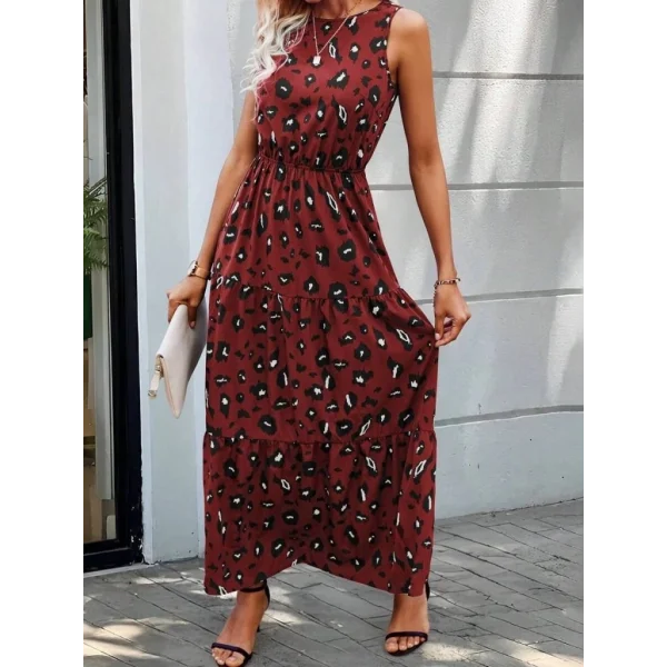 Kadın Kolsuz Bisiklet Yaka Beli Lastikli Desenli Süprem Elbise