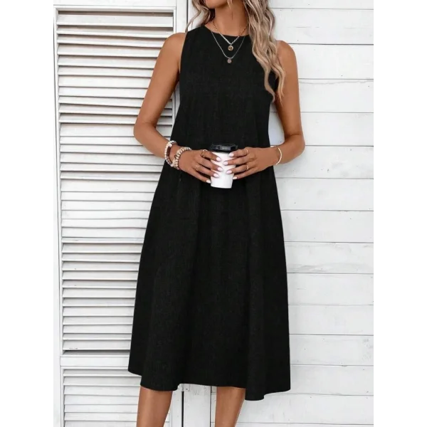 Kadın Kolsuz Bisiklet Yaka Cepli Midi Keten Elbise