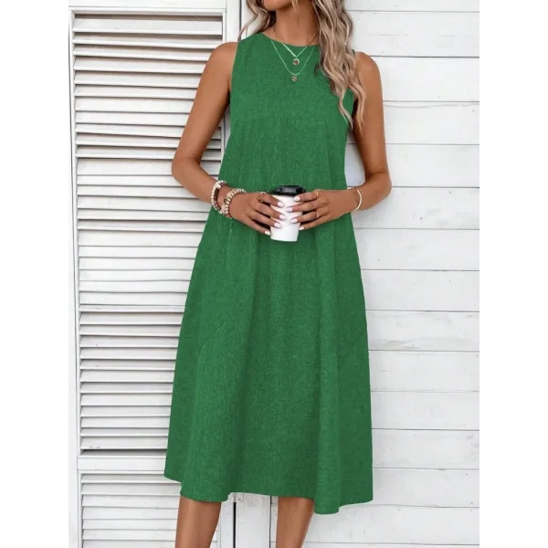 Kadın Kolsuz Bisiklet Yaka Cepli Midi Keten Elbise