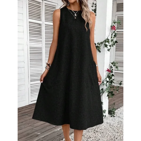 Kadın Kolsuz Bisiklet Yaka Cepli Midi Keten Elbise