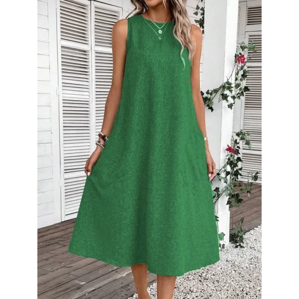 Kadın Kolsuz Bisiklet Yaka Cepli Midi Keten Elbise