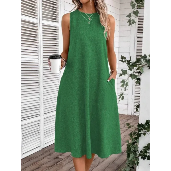 Kadın Kolsuz Bisiklet Yaka Cepli Midi Keten Elbise