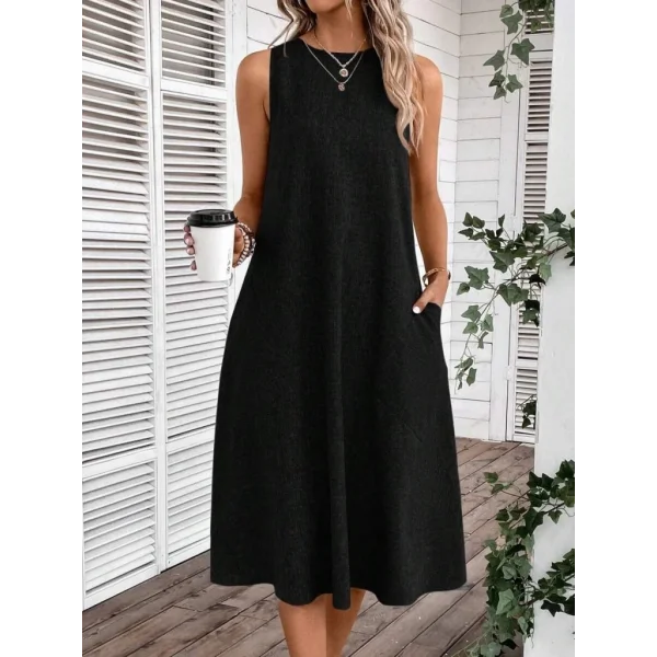 Kadın Kolsuz Bisiklet Yaka Cepli Midi Keten Elbise