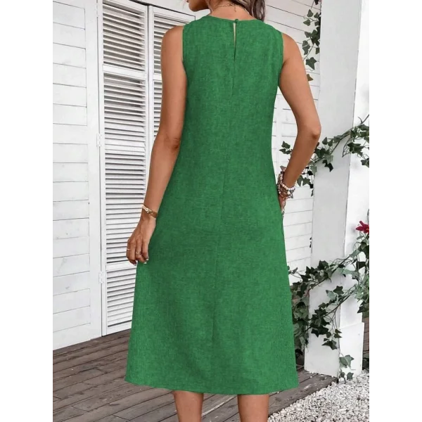 Kadın Kolsuz Bisiklet Yaka Cepli Midi Keten Elbise