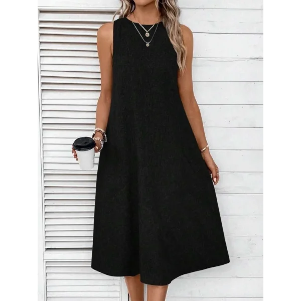 Kadın Kolsuz Bisiklet Yaka Cepli Midi Keten Elbise