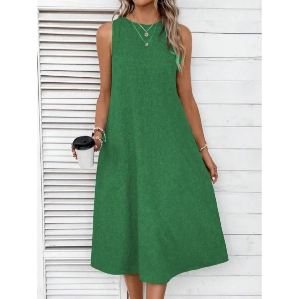 Kadın Kolsuz Bisiklet Yaka Cepli Midi Keten Elbise