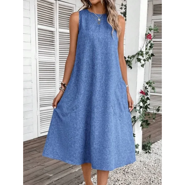 Kadın Kolsuz Bisiklet Yaka Cepli Midi Keten Elbise