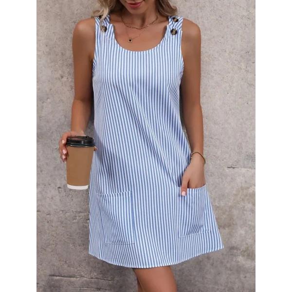 Kadın Kolsuz Bisiklet Yaka çizgili Cepli Poplin Mini Elbise