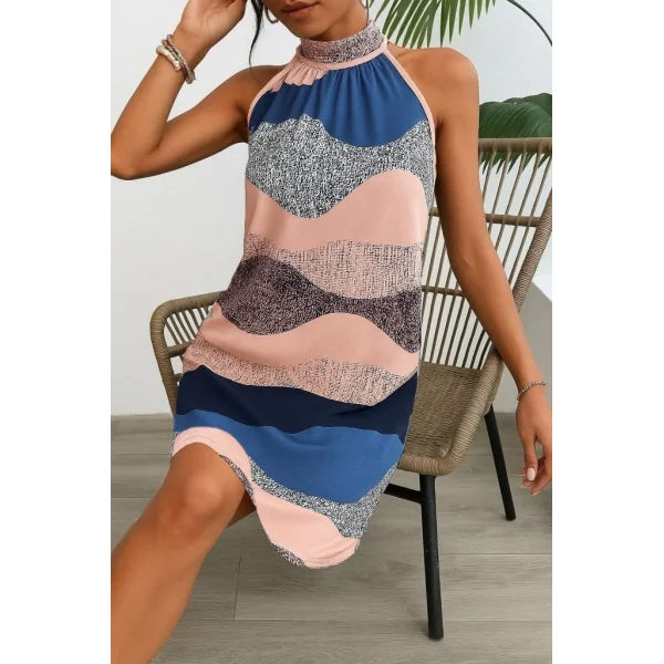 Kadın Kolsuz Boyundan Askılı Desenli Midi Süprem Elbise