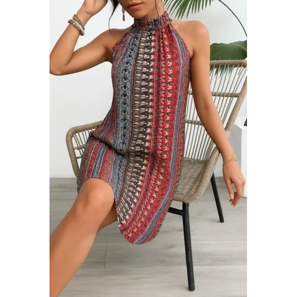 Kadın Kolsuz Boyundan Askılı Desenli Midi Süprem Elbise