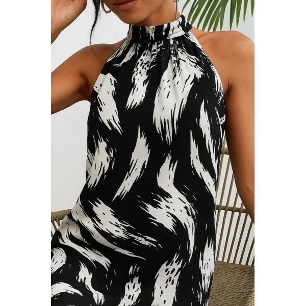 Kadın Kolsuz Boyundan Askılı Desenli Midi Süprem Elbise