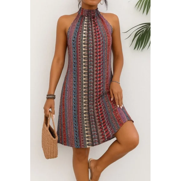 Kadın Kolsuz Boyundan Askılı Desenli Midi Süprem Elbise