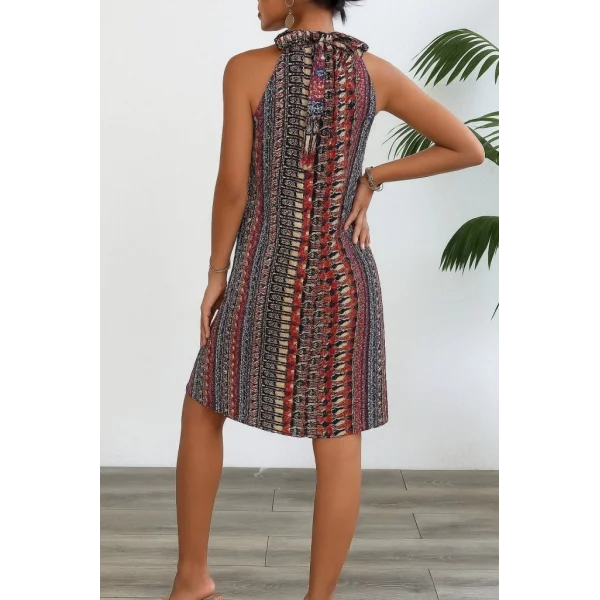 Kadın Kolsuz Boyundan Askılı Desenli Midi Süprem Elbise