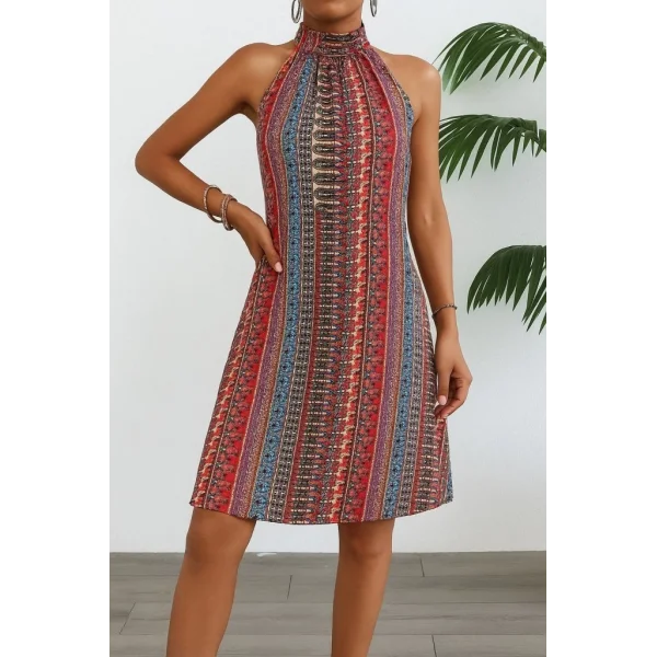 Kadın Kolsuz Boyundan Askılı Desenli Midi Süprem Elbise