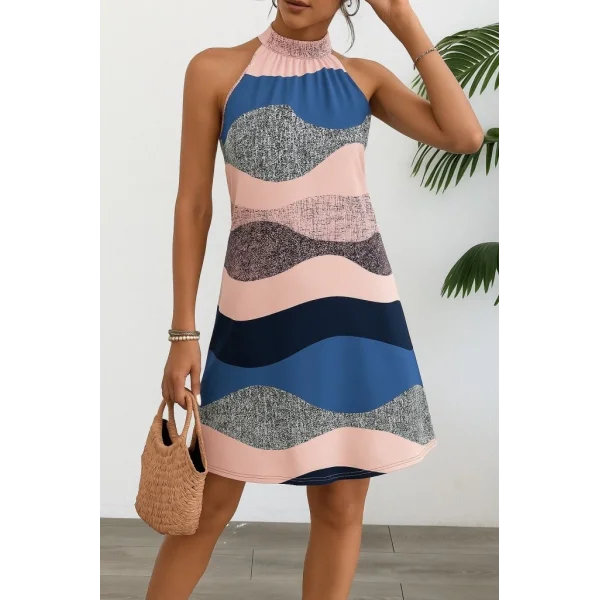 Kadın Kolsuz Boyundan Askılı Desenli Midi Süprem Elbise