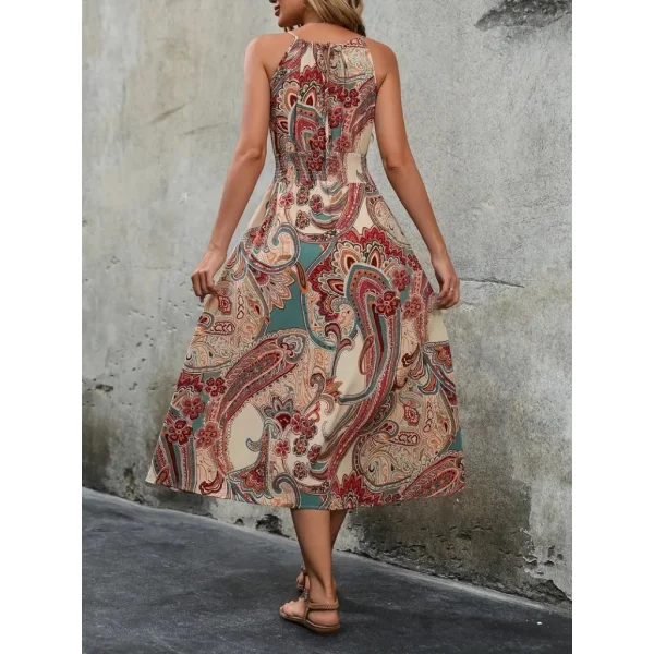 Kadın Kolsuz Boyundan Bağlamalı Beli Lastikli Etnik Desen Baskı Süprem Uzun Elbise