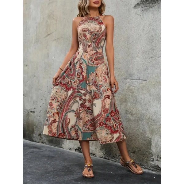 Kadın Kolsuz Boyundan Bağlamalı Beli Lastikli Etnik Desen Baskı Süprem Uzun Elbise