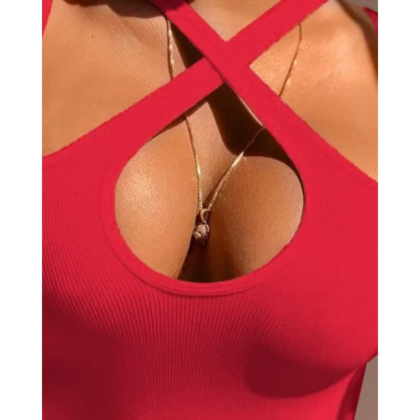 Kadın Kolsuz Boyundan çapraz Geçirmeli Göğüs Damla Detay Kaşkorse Bluz