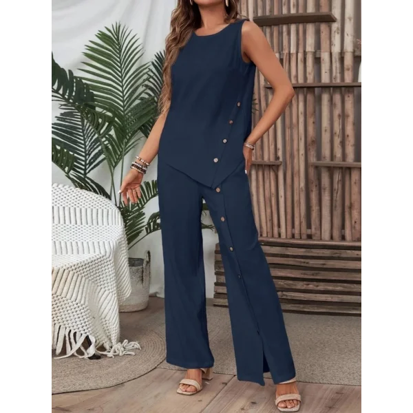 Kadın Kolsuz Düğmeli Asimetrik Detaylı Bürümcük Bluz Ve Pantolon Takım