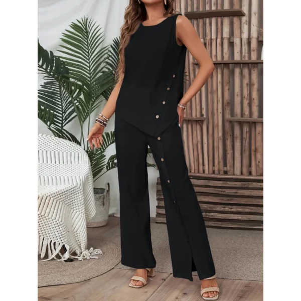 Kadın Kolsuz Düğmeli Asimetrik Detaylı Bürümcük Bluz Ve Pantolon Takım