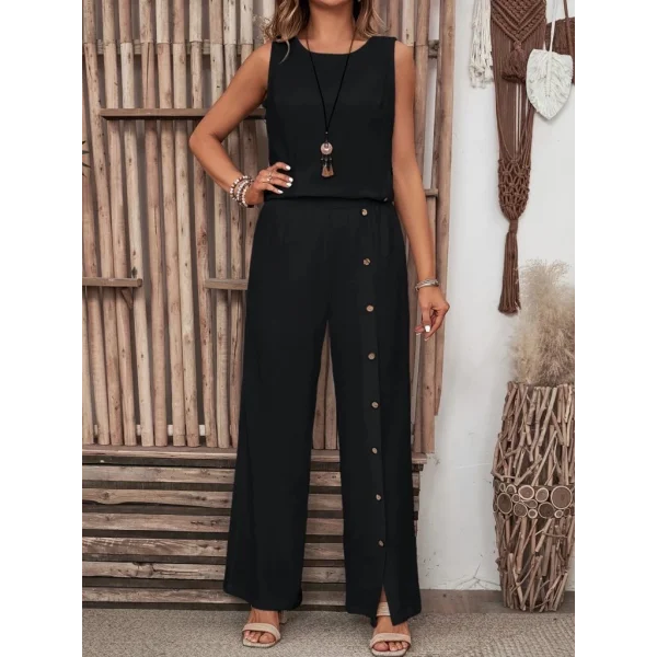 Kadın Kolsuz Düğmeli Asimetrik Detaylı Bürümcük Bluz Ve Pantolon Takım