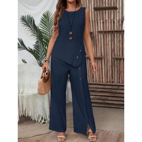 Kadın Kolsuz Düğmeli Asimetrik Detaylı Bürümcük Bluz Ve Pantolon Takım