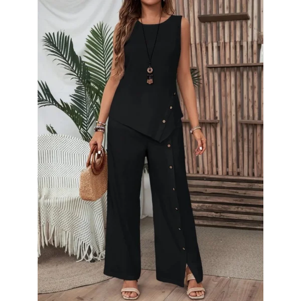 Kadın Kolsuz Düğmeli Asimetrik Detaylı Bürümcük Bluz Ve Pantolon Takım