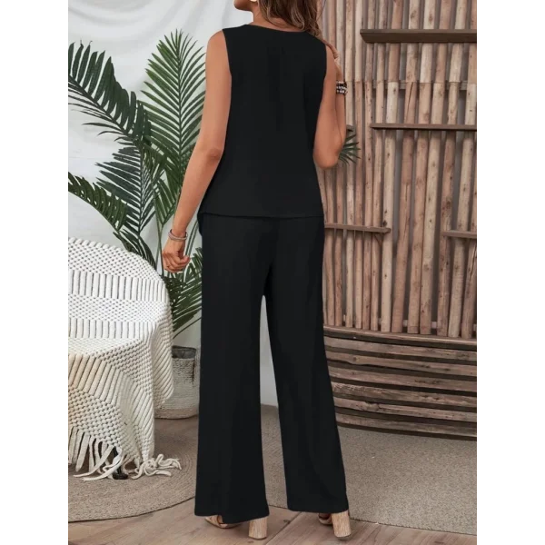 Kadın Kolsuz Düğmeli Asimetrik Detaylı Bürümcük Bluz Ve Pantolon Takım