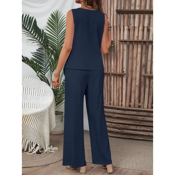 Kadın Kolsuz Düğmeli Asimetrik Detaylı Bürümcük Bluz Ve Pantolon Takım