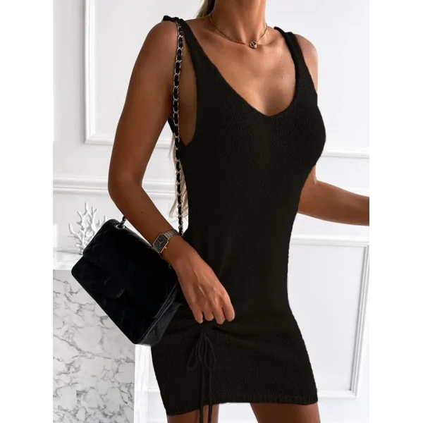 Kadın Kolsuz Eteği Büzgü Detay Triko Elbise