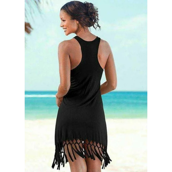 Kadın Kolsuz Eteği Püsküllü Viskon Elbise