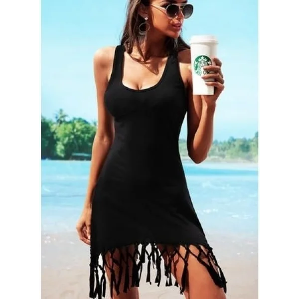 Kadın Kolsuz Eteği Püsküllü Viskon Elbise