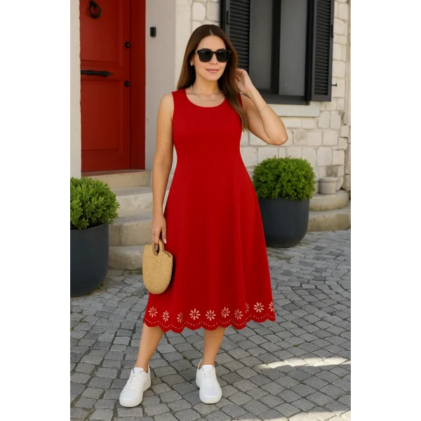 Kadın Kolsuz Etek Ucu Lazer Kesim çiçek Desenli Midi Boy Ithal Krep Elbise