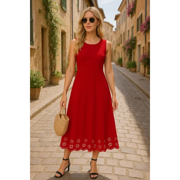 Kadın Kolsuz Etek Ucu Lazer Kesim çiçek Desenli Midi Boy Ithal Krep Elbise