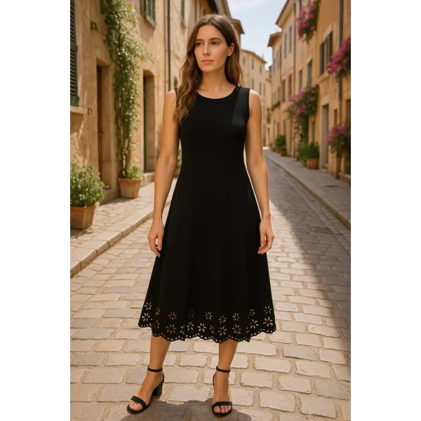 Kadın Kolsuz Etek Ucu Lazer Kesim çiçek Desenli Midi Boy Ithal Krep Elbise