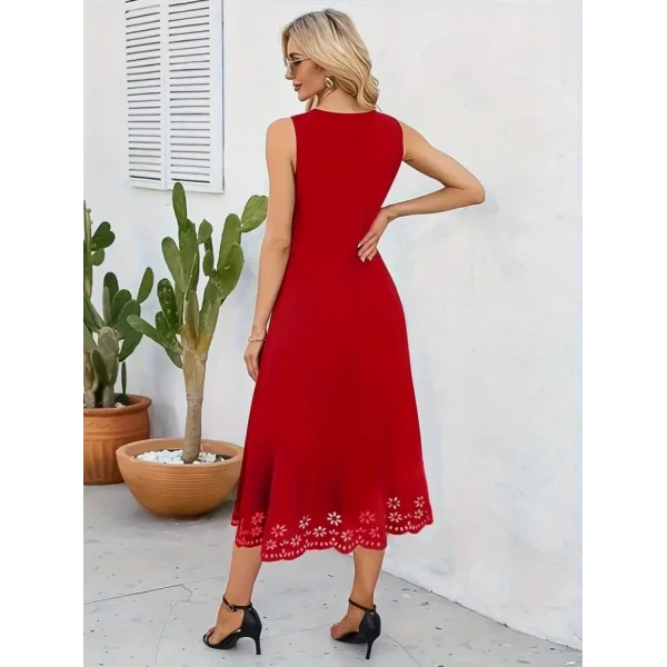 Kadın Kolsuz Etek Ucu Lazer Kesim çiçek Desenli Midi Boy Ithal Krep Elbise