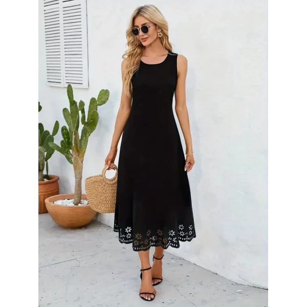 Kadın Kolsuz Etek Ucu Lazer Kesim çiçek Desenli Midi Boy Ithal Krep Elbise