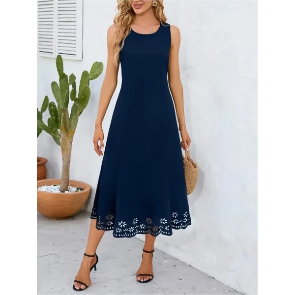 Kadın Kolsuz Etek Ucu Lazer Kesim çiçek Desenli Midi Boy Ithal Krep Elbise